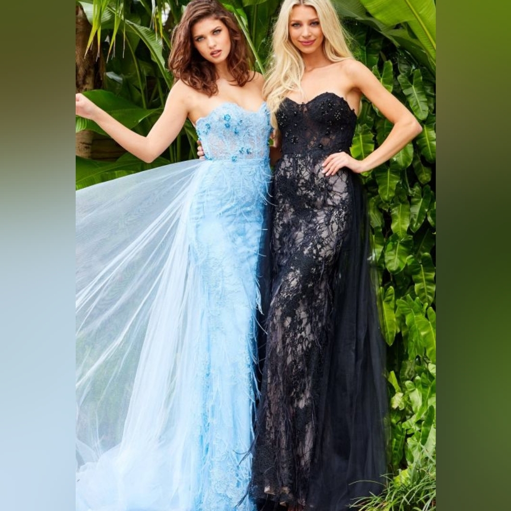 Jovani 07914 corset evening gown detachable train , feathers blue